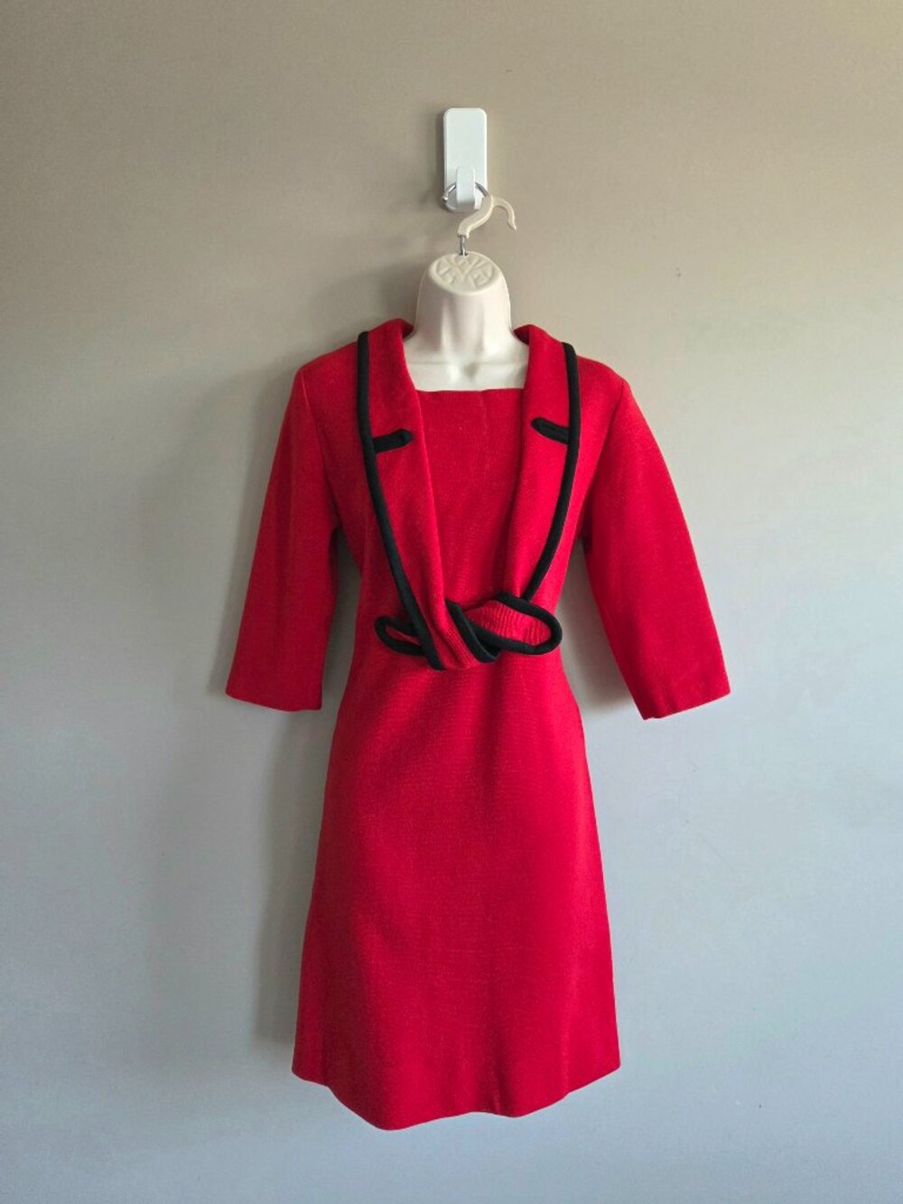 Vintage Red Sheath Dress 80s-90s w/Bow. 1960s Mod Inspired or from 1960s. AS IS.